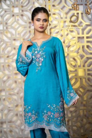 Cotton silk kameez with multi color embroidery on neck sleeve