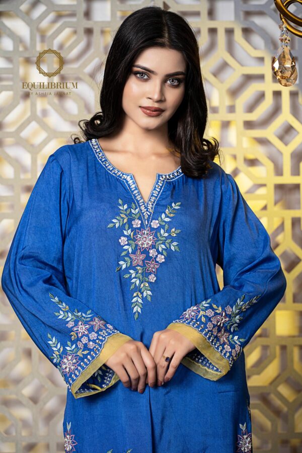 Cerulean Cotton silk kameez with multi colour embroidery - Image 3