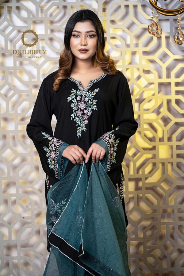 Cotton silk kameez with multi color embroidery on neck sleeve - Image 2