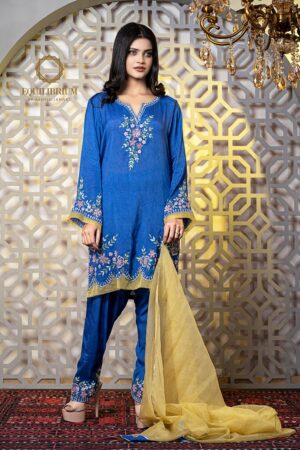 Cerulean Cotton silk kameez with multi colour embroidery