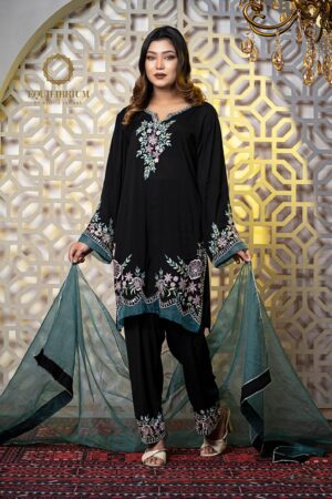 Cotton silk kameez with multi color embroidery on neck sleeve