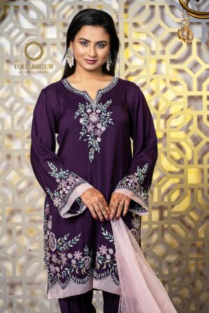 Cotton silk kameez with multi color embroidery on neck sleeve