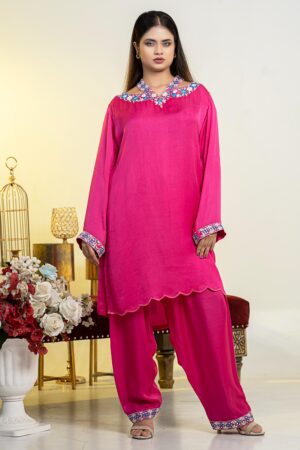 Embroidered work on neck and straps following with semi-Farsi pant