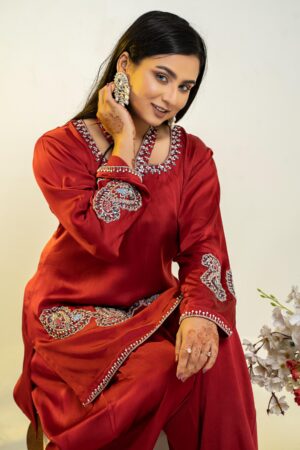 Royal Cherry Semi long soft silk 2 pieces with embroidery