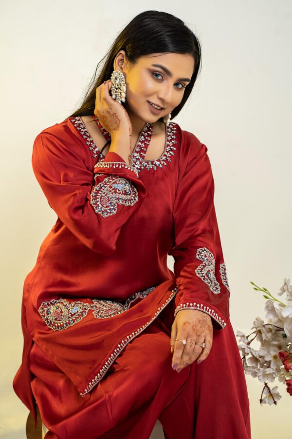 Royal Cherry Semi long soft silk 2 pieces with embroidery