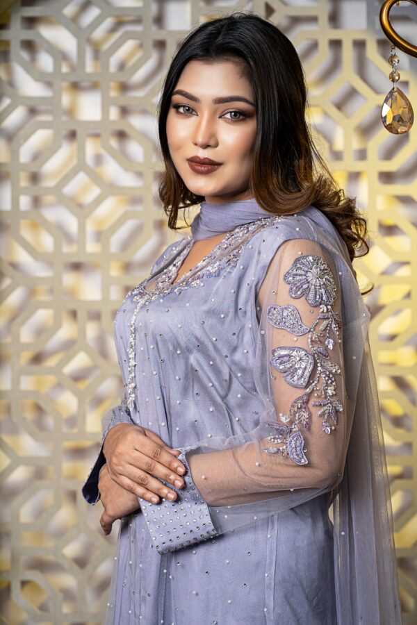 Misty lavender Net straight kameez with all over pearls and gorgeous zardosi neck