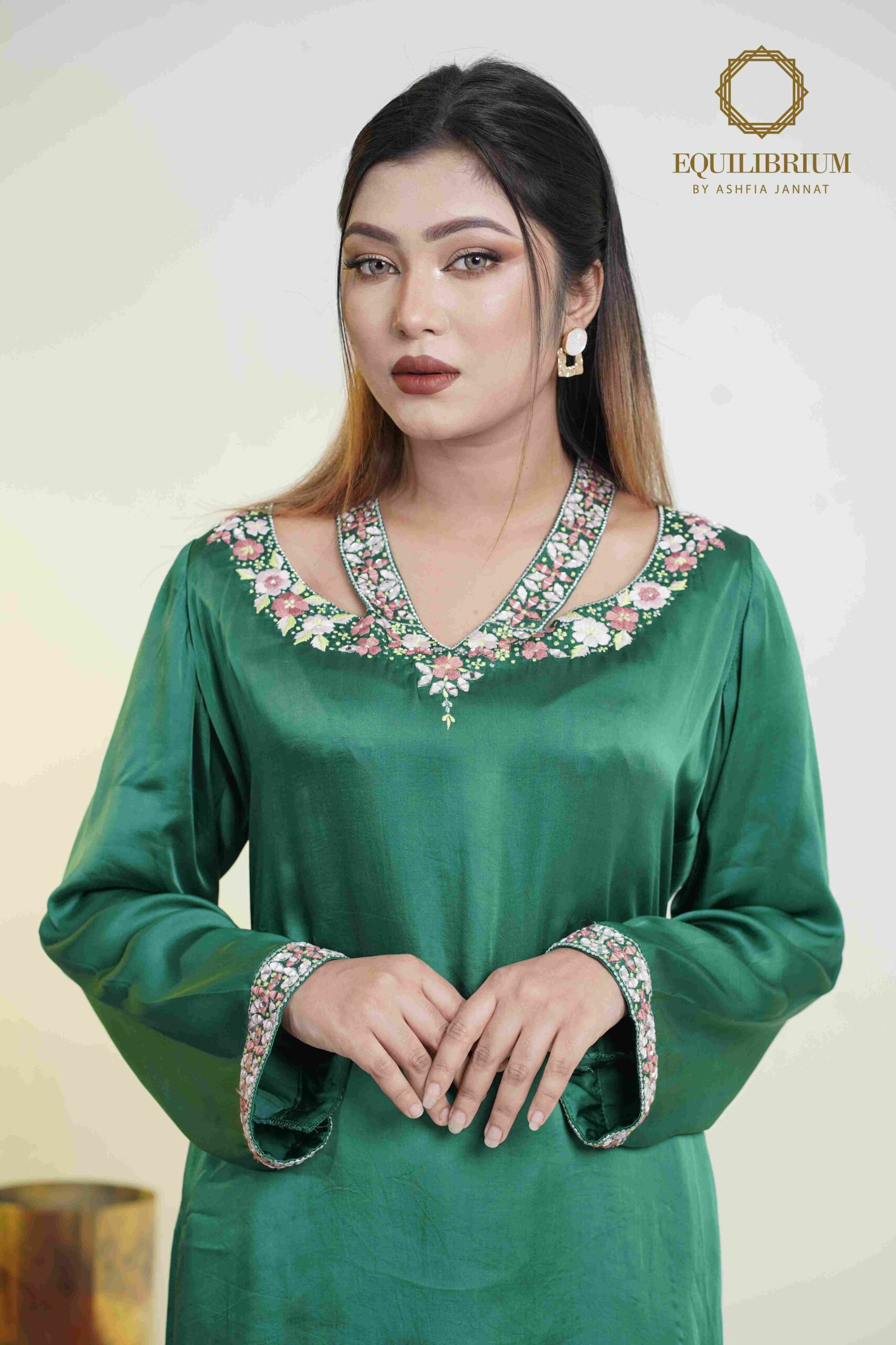 Multi-toned pastel Embroidered work on neck and straps following with semi-Farsi pant